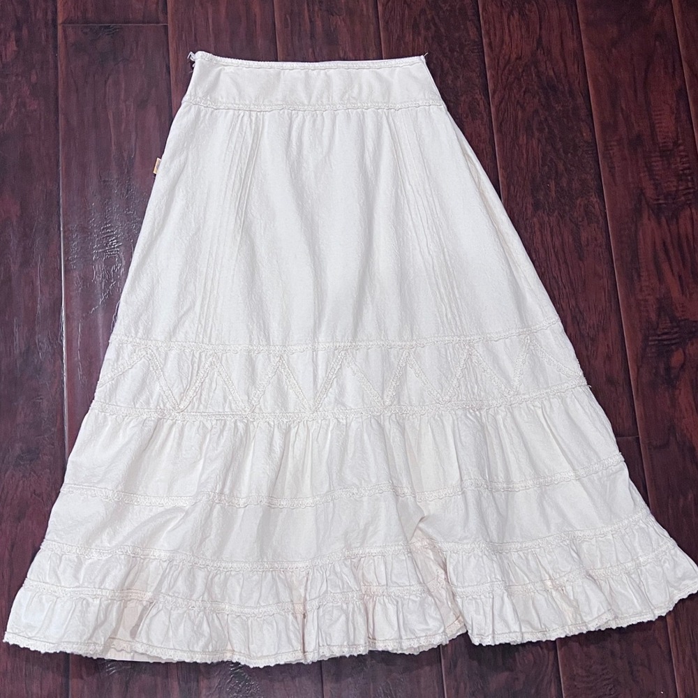 Alice Cream Crochet Lace Tiered Maxi Skirt Bohemian Prairie Cottagecore (READ)
